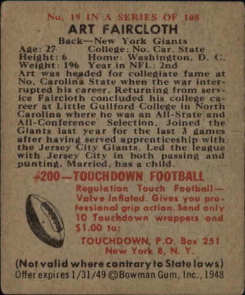 1948 Bowman #19 Art Faircloth RC back image