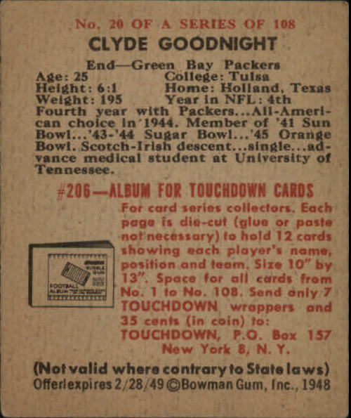 1948 Bowman #20 Clyde Goodnight RC back image