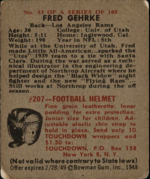 1948 Bowman #33 Fred Gehrke SP RC back image