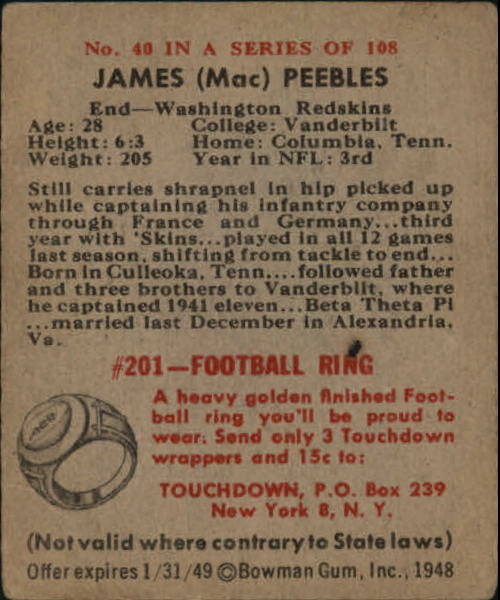 1948 Bowman #40 James Peebles RC back image