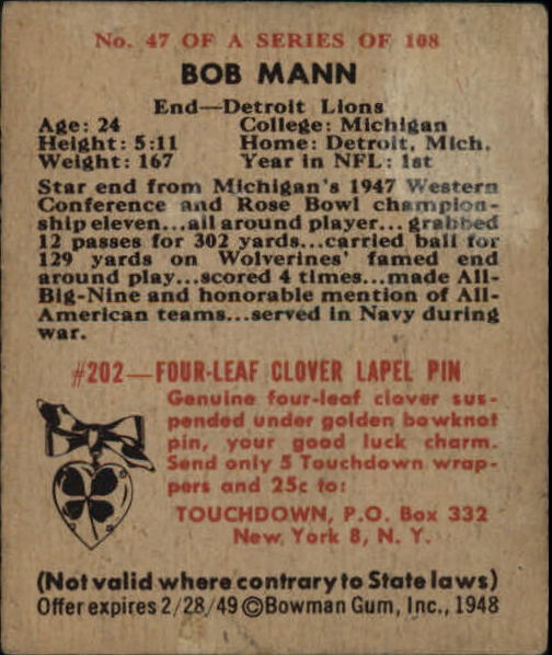 1948 Bowman #47 Bob Mann RC back image