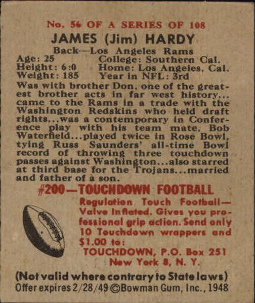 1948 Bowman #56 Jim Hardy RC back image