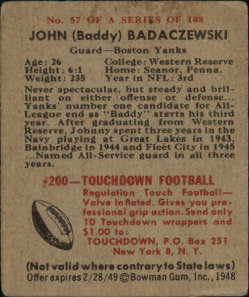1948 Bowman #57 John Badaczewski SP back image