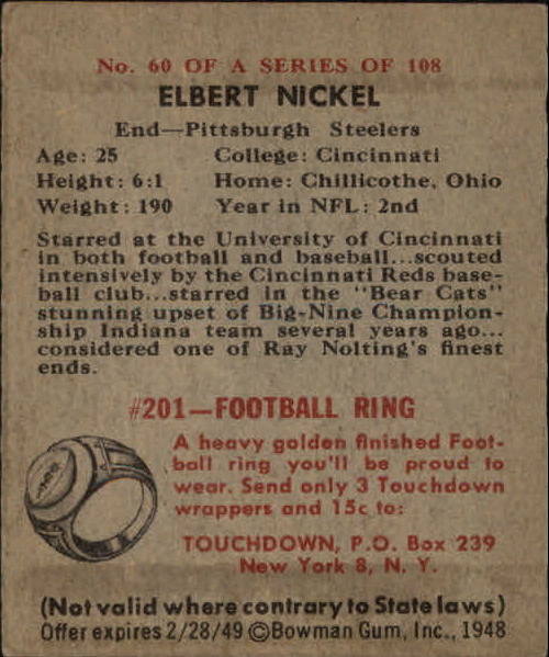 1948 Bowman #60 Elbie Nickel SP RC back image