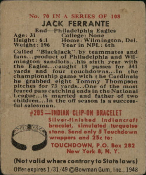 1948 Bowman #70 Jack Ferrante RC back image