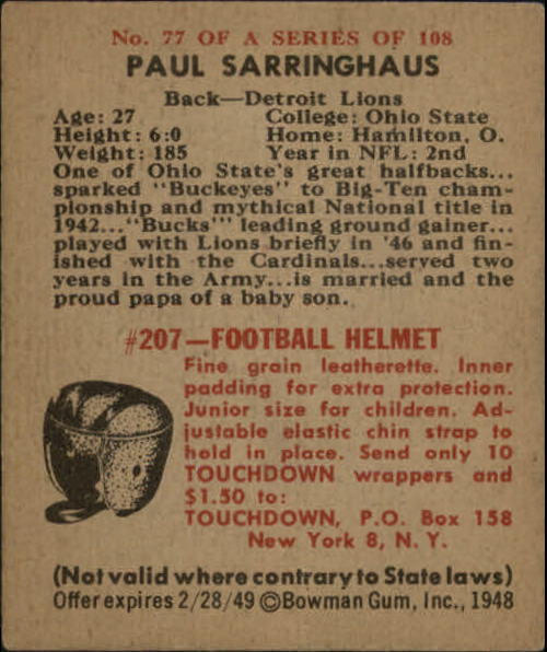 1948 Bowman #77 Paul Sarringhaus RC back image