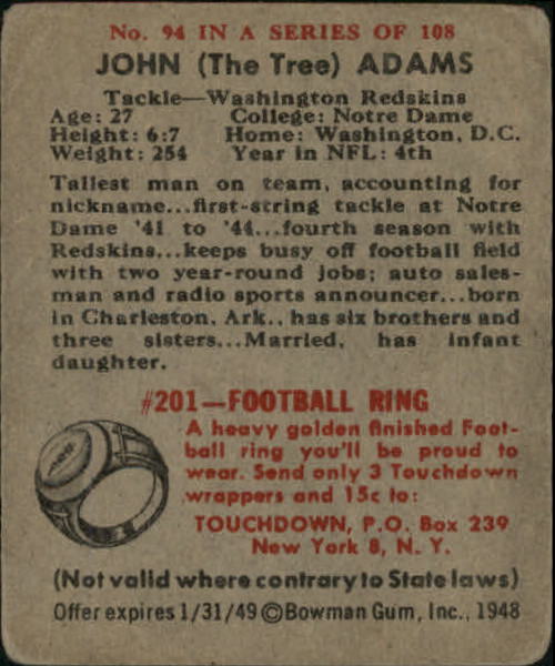 1948 Bowman #94 John Adams RC back image