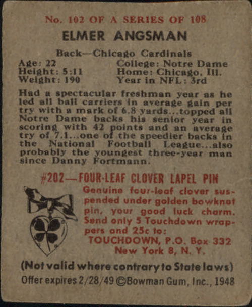 1948 Bowman #102 Bud Angsman SP RC back image