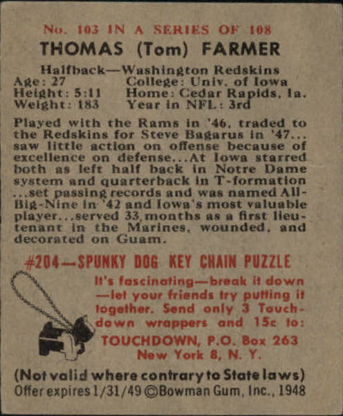 1948 Bowman #103 Tom Farmer RC back image