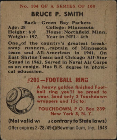 1948 Bowman #104 Bruce Smith RC back image