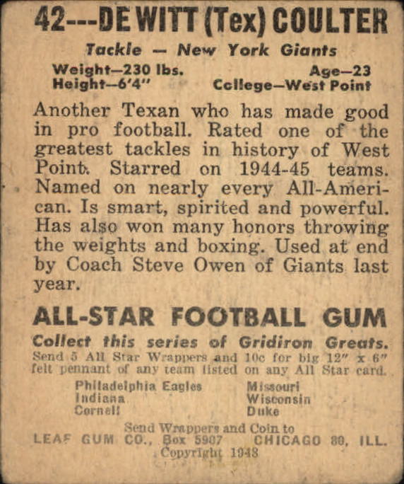 1948 Leaf #42 Tex Coulter RC back image