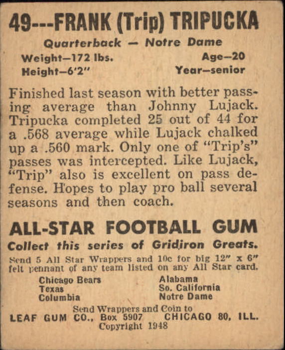 1948 Leaf #49 Frank Tripucka RC back image
