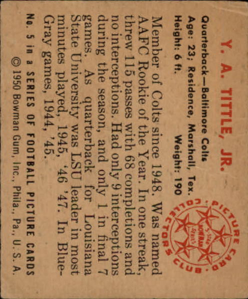 1950 Bowman #5 Y.A.Tittle RC back image