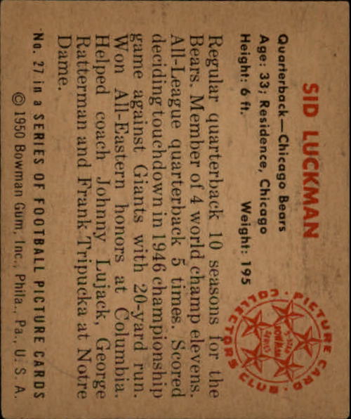 1950 Bowman #27 Sid Luckman back image