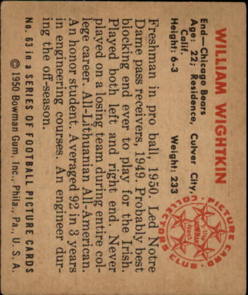 1950 Bowman #63 Bill Wightkin RC back image