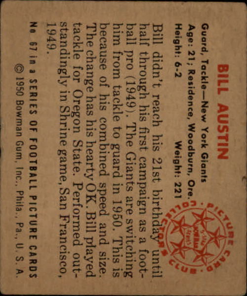 1950 Bowman #67 Bill Austin RC back image