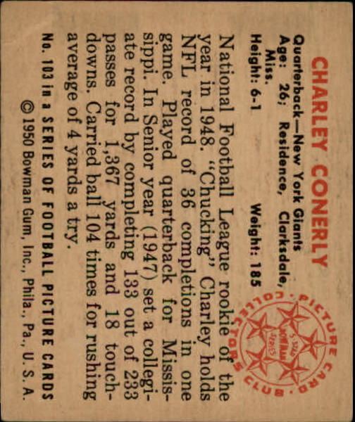 1950 Bowman #103 Charley Conerly back image