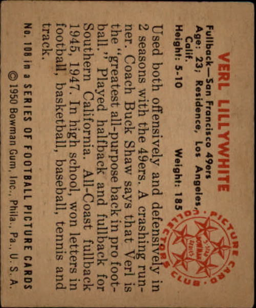 1950 Bowman #108 Verl Lillywhite RC back image
