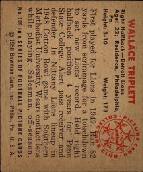 1950 Bowman #109 Wallace Triplett RC back image