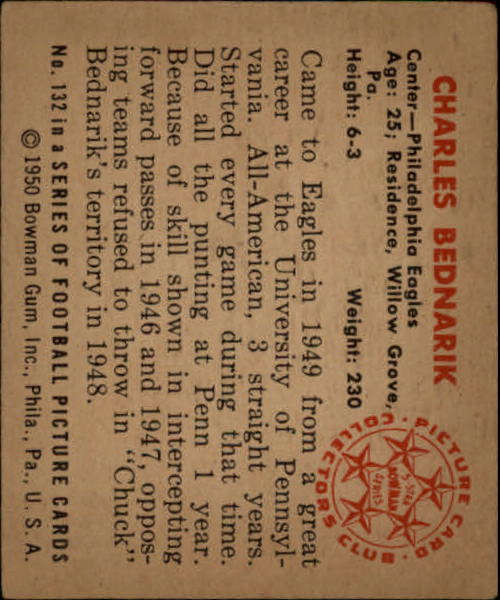 1950 Bowman #132 Chuck Bednarik back image