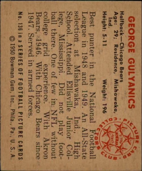 1950 Bowman #136 George Gulyanics RC back image