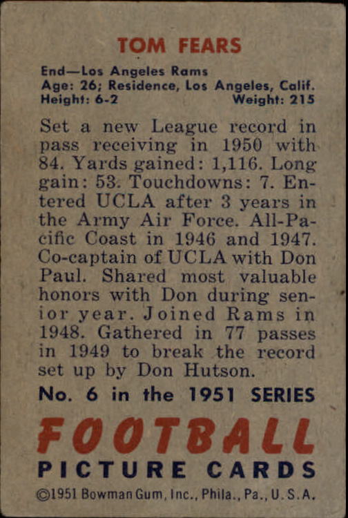 1951 Bowman #6 Tom Fears back image