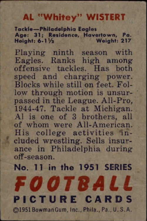 1951 Bowman #11 Whitey Wistert back image