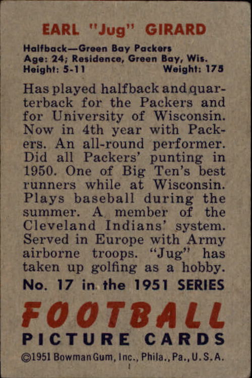 1951 Bowman #17 Jug Girard back image