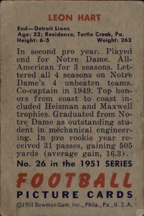 1951 Bowman #26 Leon Hart back image