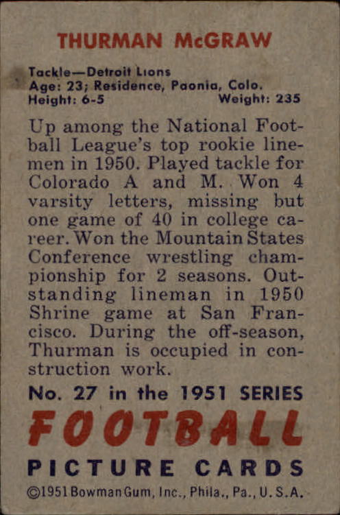 1951 Bowman #27 Thurman McGraw RC back image