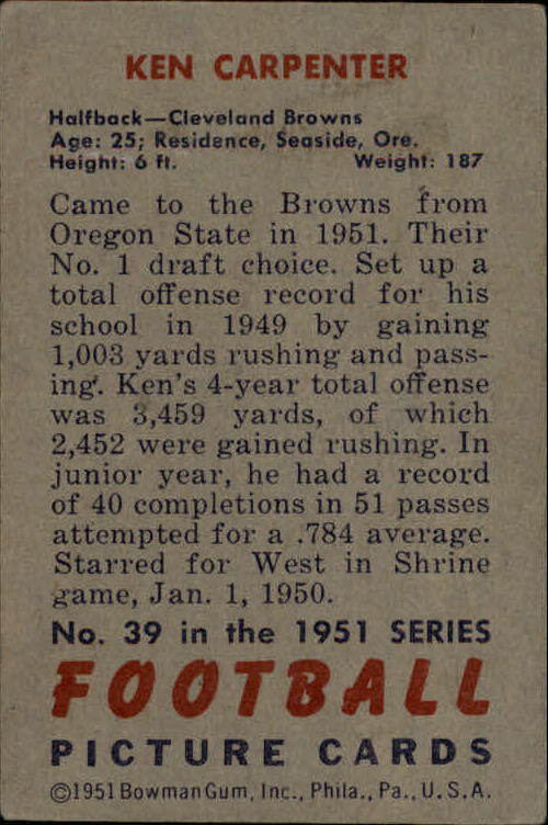 1951 Bowman #39 Ken Carpenter back image