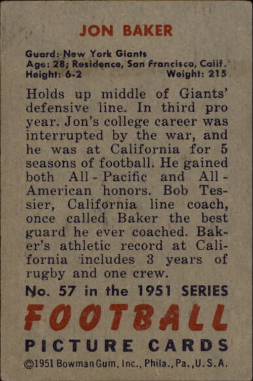 1951 Bowman #57 Jon Baker RC back image