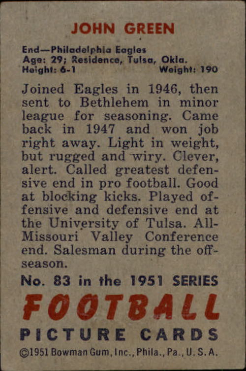 1951 Bowman #83 John Green RC back image
