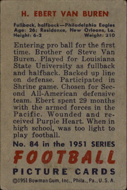 1951 Bowman #84 Ebert Van Buren RC back image