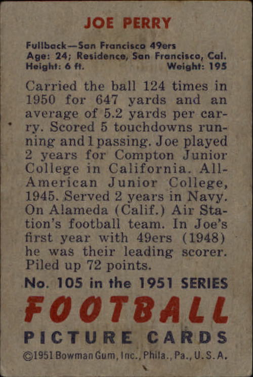 1951 Bowman #105 Joe Perry back image