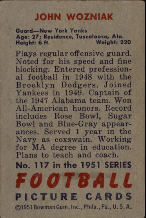1951 Bowman #117 John Wozniak RC back image