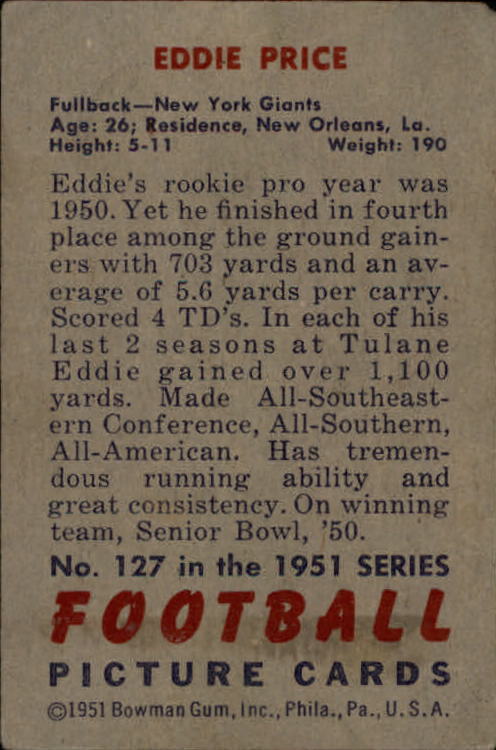 1951 Bowman #127 Eddie Price back image