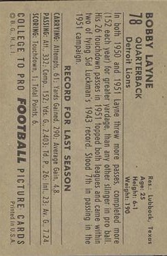 1952 Bowman Large #78 Bobby Layne back image