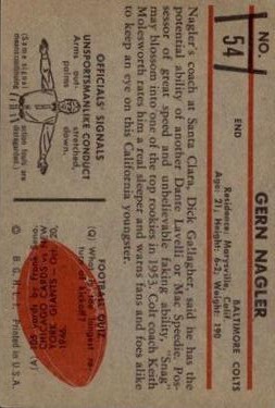 1953 Bowman #54 Gern Nagler SP RC back image