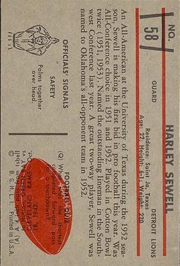 1953 Bowman #58 Harley Sewell SP RC back image