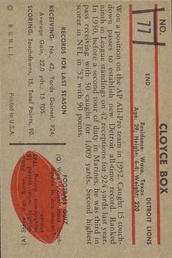1953 Bowman #77 Cloyce Box SP back image