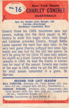 1955 Bowman #16 Charley Conerly back image