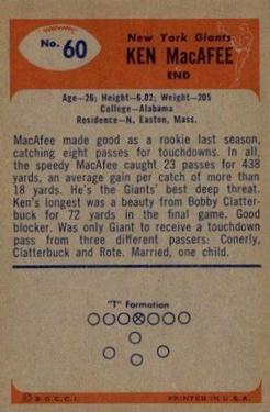 1955 Bowman #60 Ken MacAfee E RC back image