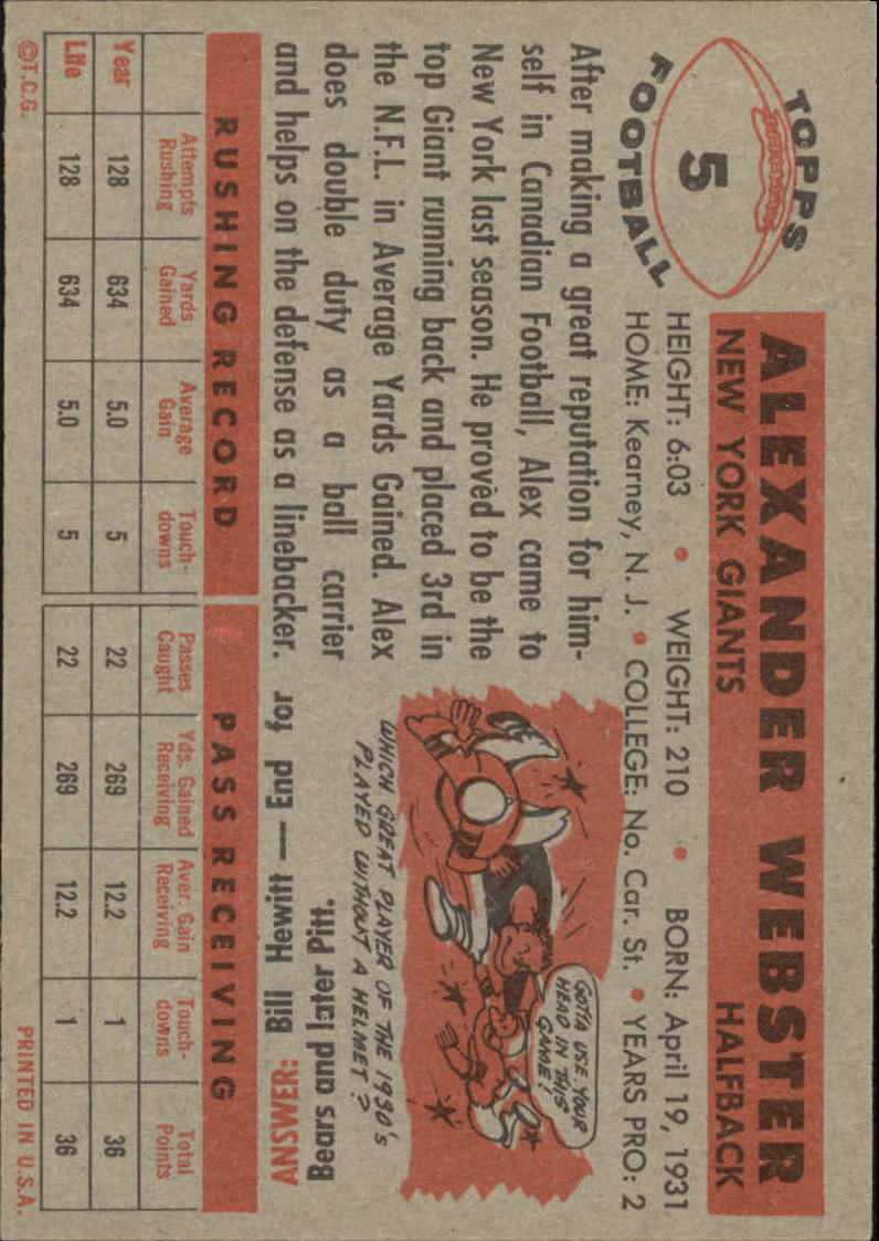 1956 Topps #5 Alex Webster RC back image
