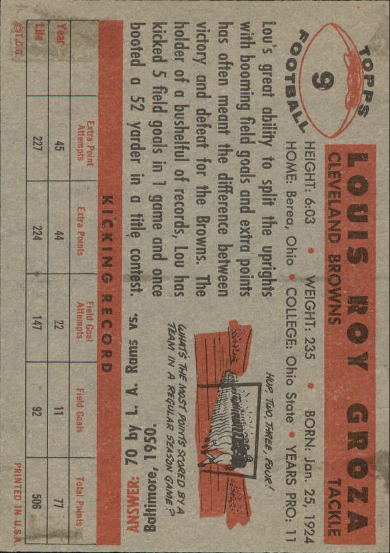 1956 Topps #9 Lou Groza back image