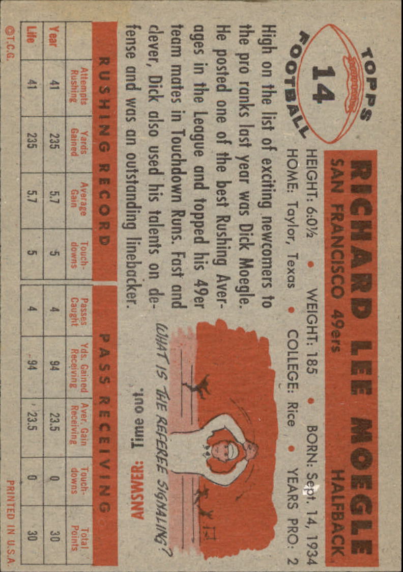 1956 Topps #14 Dick Moegle back image