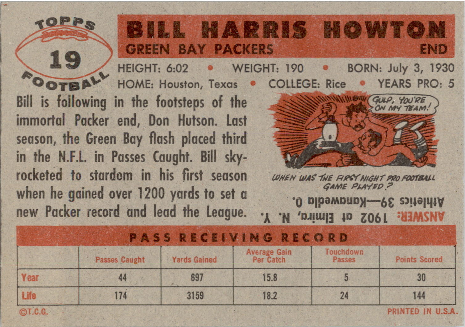 1956 Topps #19 Billy Howton back image