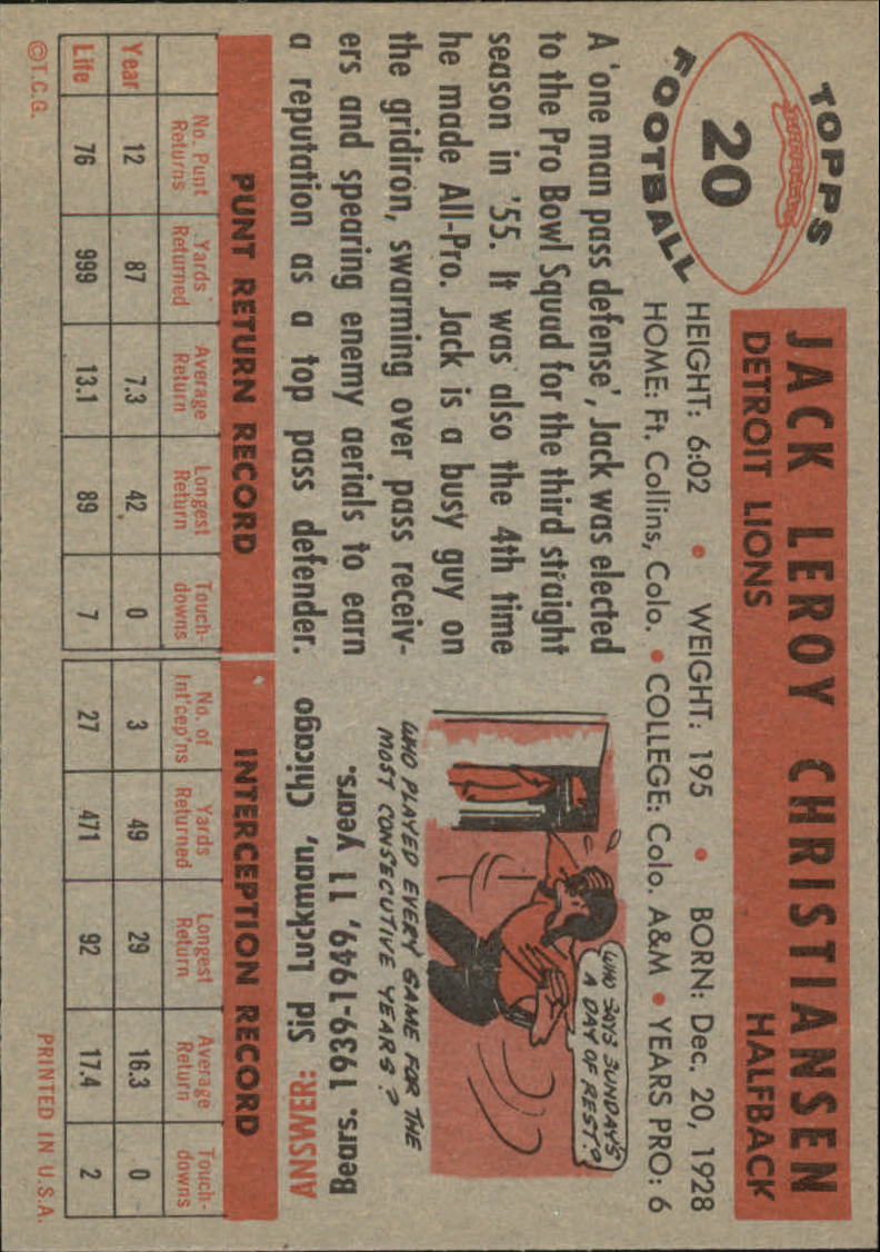 1956 Topps #20 Jack Christiansen back image