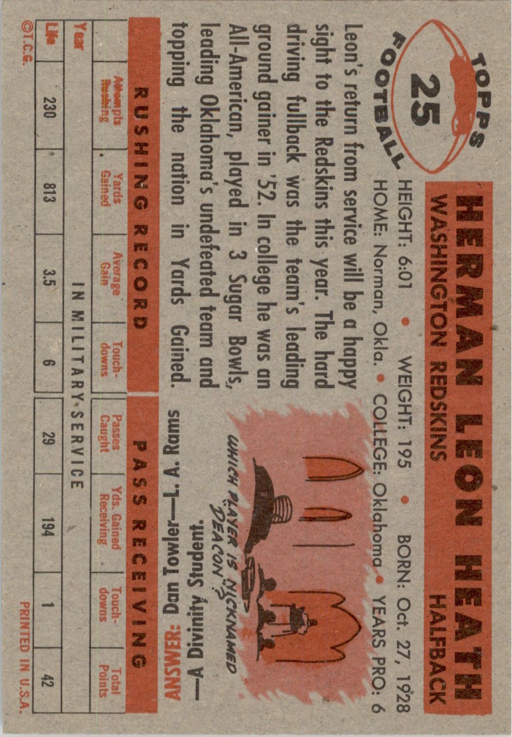 1956 Topps #25 Leon Heath SP back image