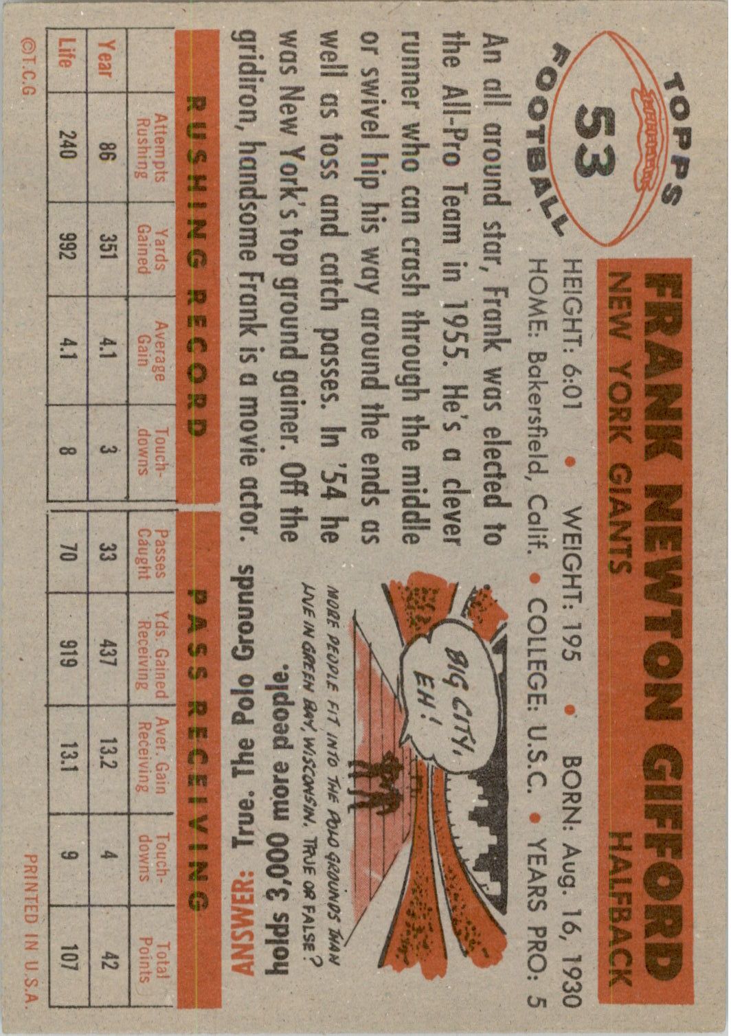 1956 Topps #53 Frank Gifford back image